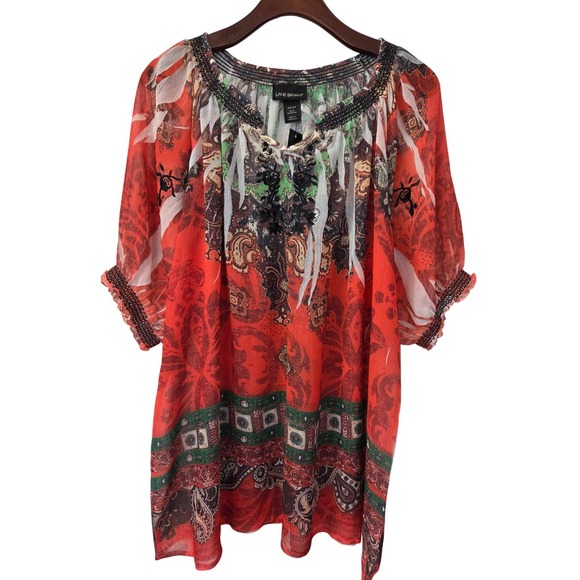 Lane Bryant Tops - Lane Bryant Short Sleeve Blouse Smocked‎ Embroidered Size 22/24 Red Multi NWT
